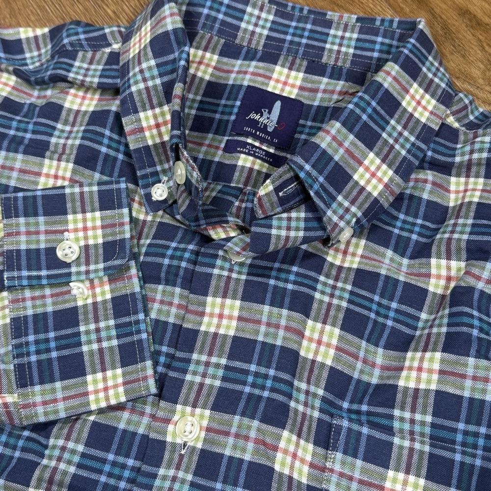 Johnnie-O Mens XL Long Sleeve Linen Button Up‎ Shirt  Blue Multicolor Plaid